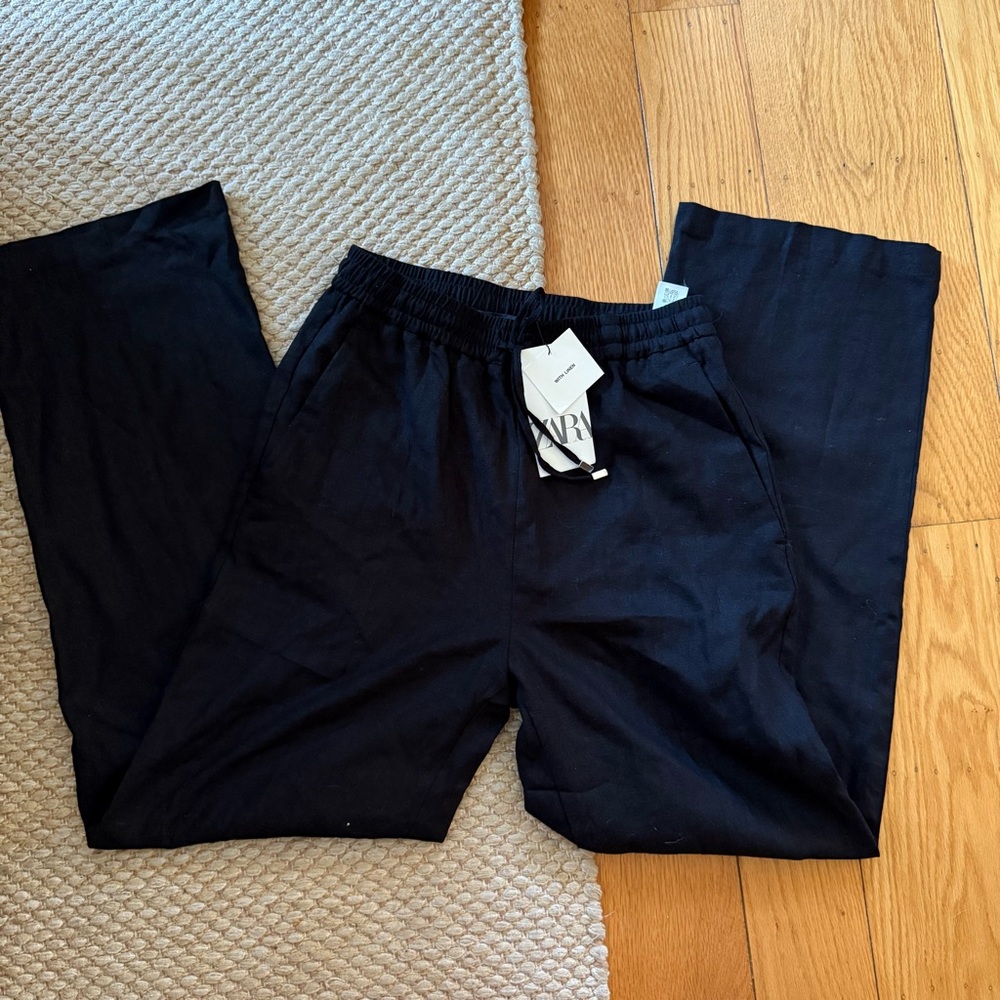 NWT Zara Black Wide-Leg Linen Pants Trousers with Elastic Waist - Picture 3 of 8